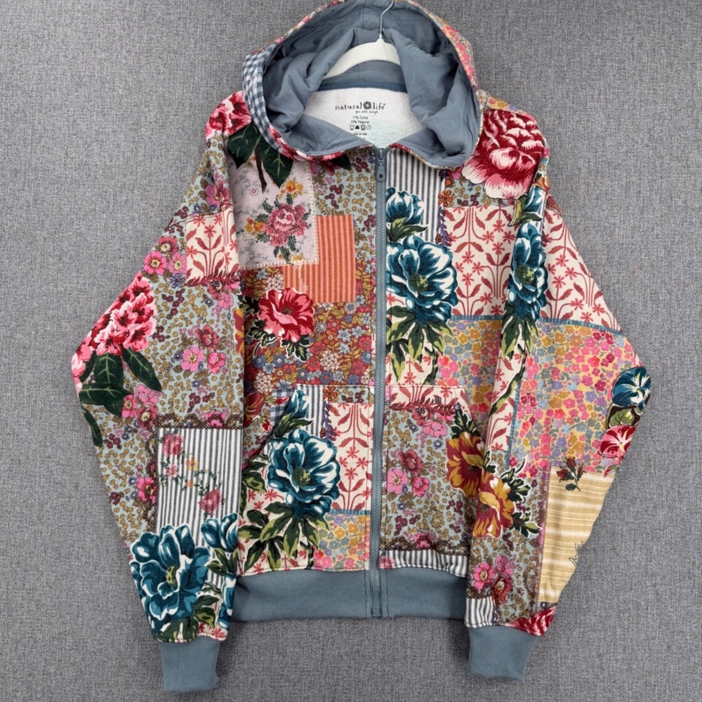Natural Life Oversized Floral Patchwork ZipUp Hoodie Sweatshirt Boho Cottagecore